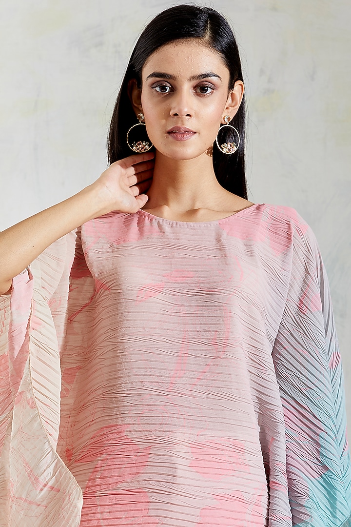 Pink & Aquatic Sage Shaded Poncho Top With Hand Block Rose Print by Kavita Bhartia at Pernia's Pop Up Shop