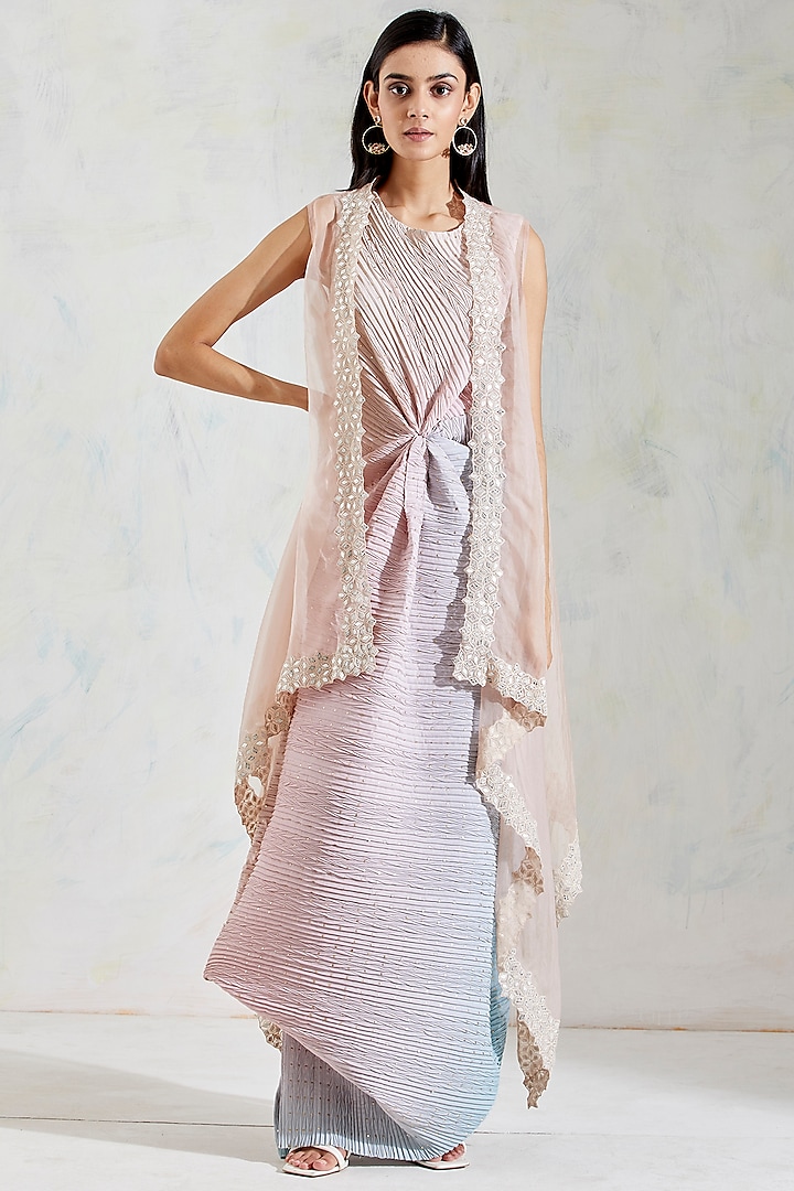 Pink & Aquatic Sage Shaded Knot Dress With Embroidered Cape by Kavita Bhartia