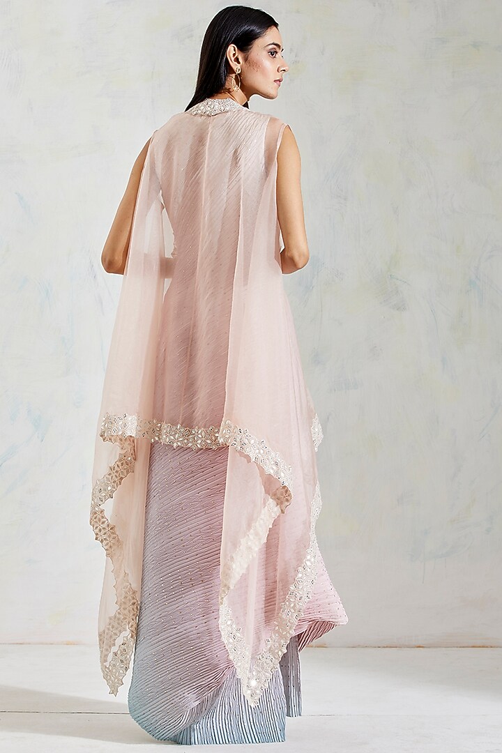 Pink & Aquatic Sage Shaded Knot Dress With Embroidered Cape by Kavita Bhartia at Pernia's Pop Up Shop