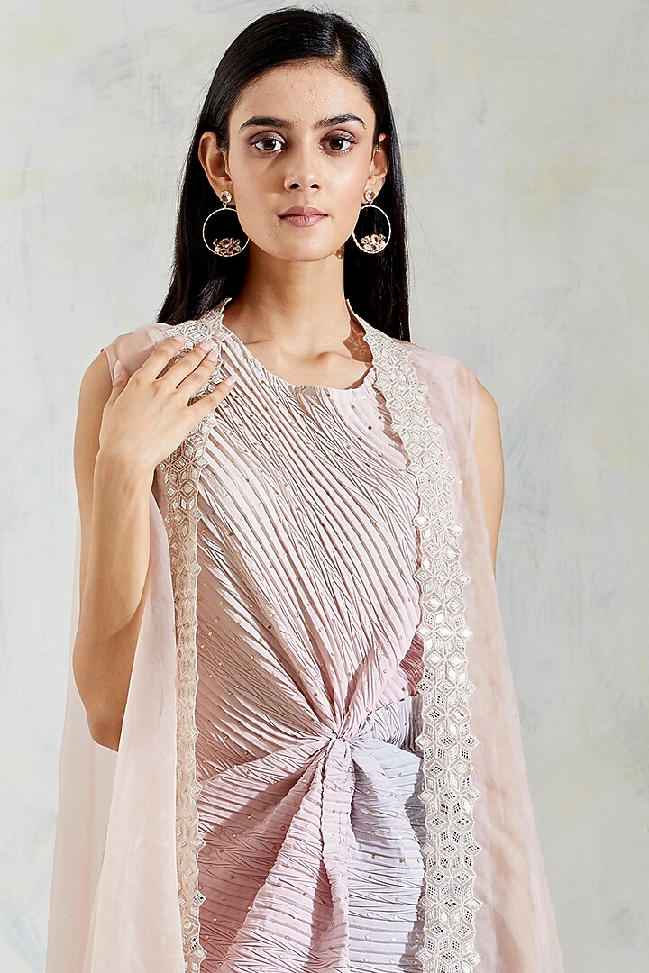 Pink & Aquatic Sage Shaded Knot Dress With Embroidered Cape by Kavita Bhartia at Pernia's Pop Up Shop