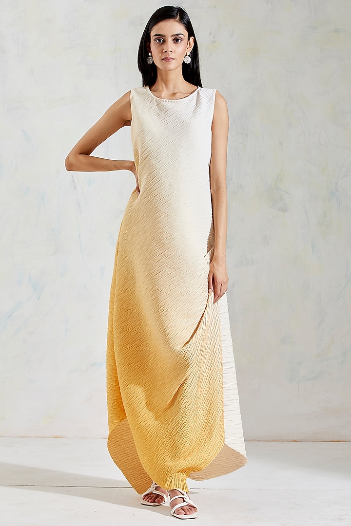 Ivory & Yellow Shaded Crinkle Crepe Dress by Kavita Bhartia at Pernia's Pop Up Shop