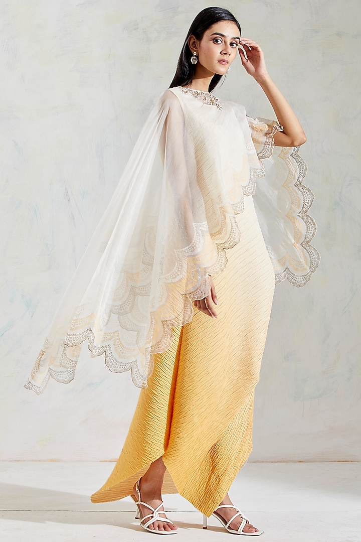 Ivory & Yellow Shaded Dress With Printed Cape by Kavita Bhartia