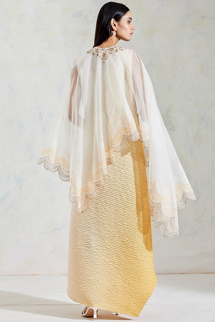 Ivory & Yellow Shaded Dress With Printed Cape by Kavita Bhartia at Pernia's Pop Up Shop