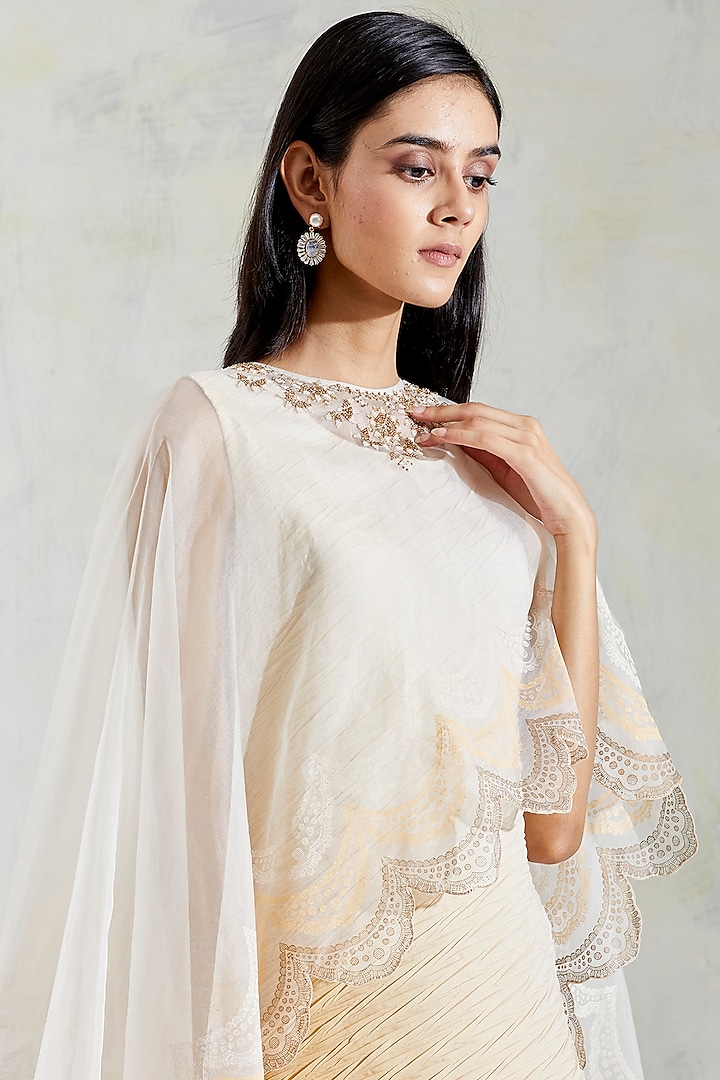 Ivory & Yellow Shaded Dress With Printed Cape by Kavita Bhartia at Pernia's Pop Up Shop