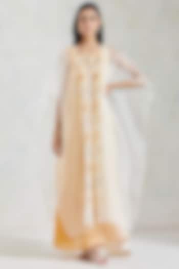 Ivory & Yellow Shaded Dress With Hand Block Printed Cape by Kavita Bhartia
