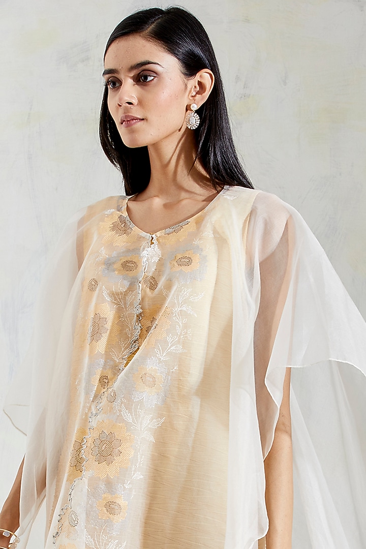 Ivory & Yellow Shaded Dress With Hand Block Printed Cape by Kavita Bhartia at Pernia's Pop Up Shop