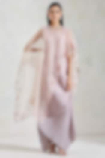 Pink & Grey Shaded Crinkled Draped Dress With Cape by Kavita Bhartia