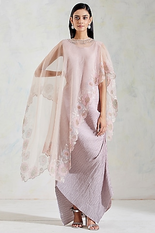 LUXE Plus Size Light Pink Sequin Hand Embellished Cape Dress