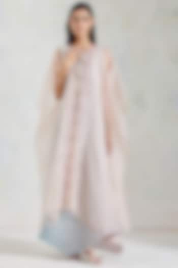 Aquatic Sage & Pink Shaded Crinkle Crepe Dress With Hand Block Printed Cape by Kavita Bhartia
