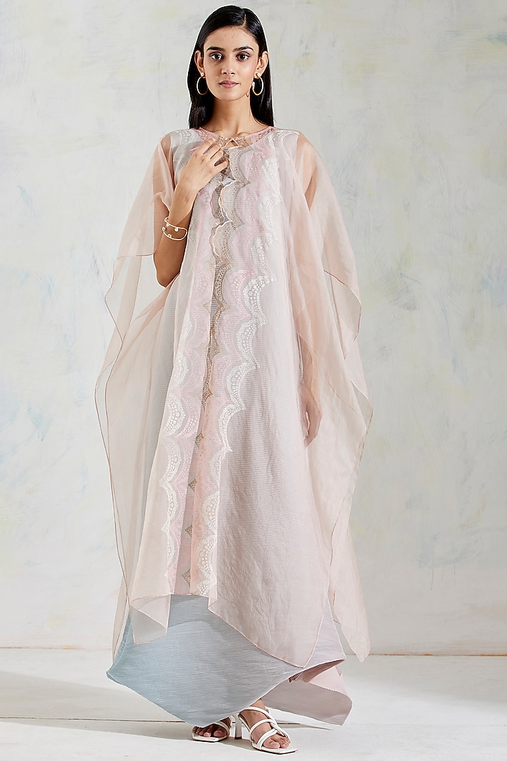 Aquatic Sage & Pink Shaded Crinkle Crepe Dress With Hand Block Printed Cape by Kavita Bhartia