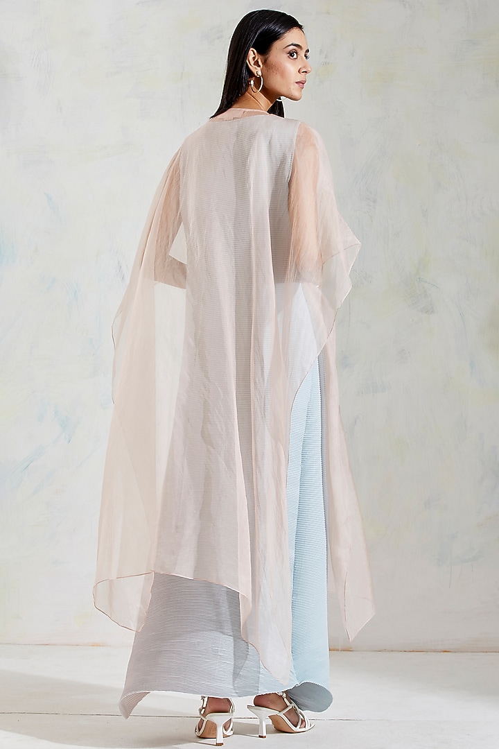 Aquatic Sage & Pink Shaded Crinkle Crepe Dress With Hand Block Printed Cape by Kavita Bhartia at Pernia's Pop Up Shop