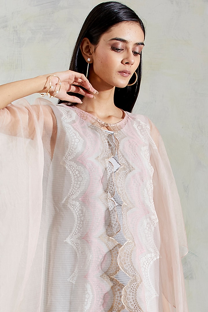 Aquatic Sage & Pink Shaded Crinkle Crepe Dress With Hand Block Printed Cape by Kavita Bhartia at Pernia's Pop Up Shop