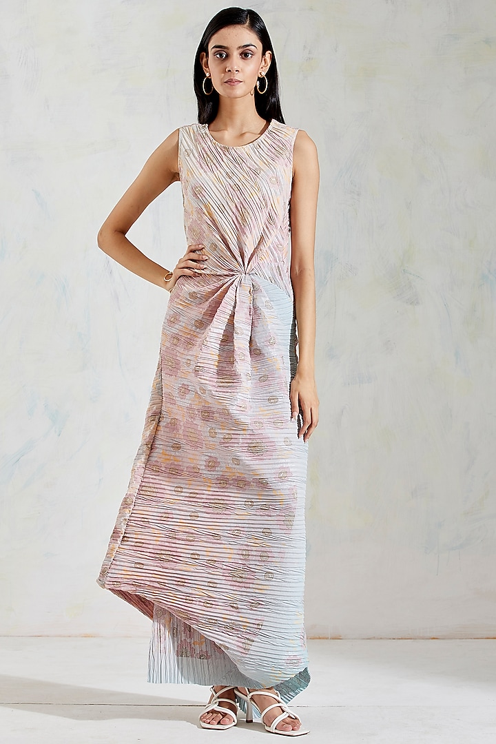 Pink & Aquatic Sage Shaded Hand Block Printed Dress by Kavita Bhartia