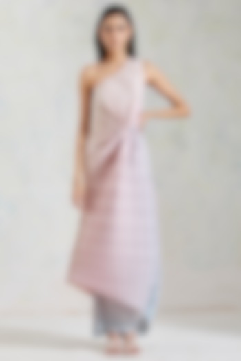 Pink & Aquatic Sage Shaded Crinkle Crepe One Shoulder Dress by Kavita Bhartia