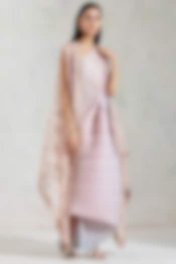 Pink & Aquatic Sage Shaded One Shoulder Dress With Embroidered Cape by Kavita Bhartia