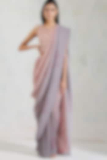 Rose Pink & Grey Shaded Crinkle Georgette Pre-Stitched Saree Set by Kavita Bhartia at Pernia's Pop Up Shop