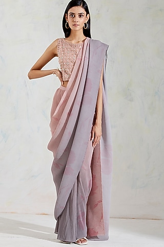 Rose Pink & Grey Shaded Crinkle Georgette Pre-Stitched Saree Set by Kavita Bhartia