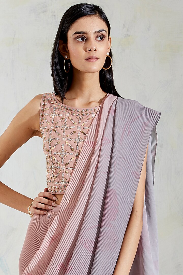 Rose Pink Grey Shaded Crinkle Georgette Pre-Stitched Saree Set