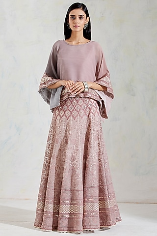 Pink & Grey Shaded Embroidered Skirt Set by Kavita Bhartia