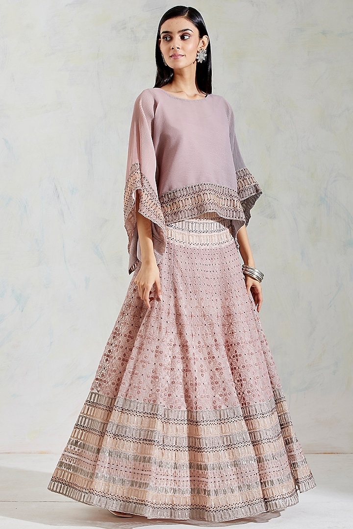 Pink & Grey Shaded Zari Embroidered Skirt Set by Kavita Bhartia