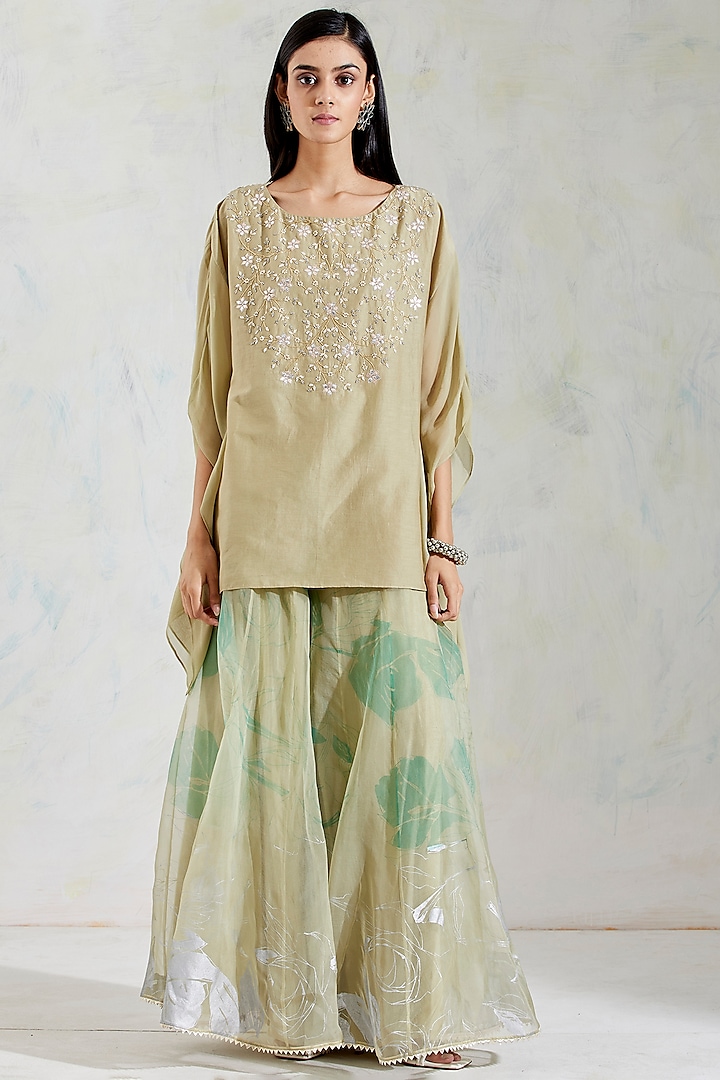 Green Rose Hand Block Printed Wedding Sharara Set by Kavita Bhartia at Pernia's Pop Up Shop