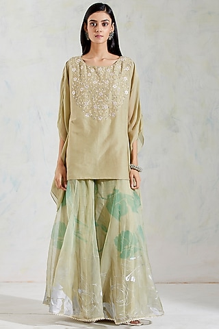 Green Rose Hand Block Printed Sharara Set by Kavita Bhartia