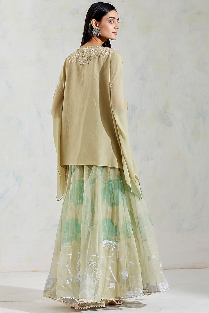 Green Rose Hand Block Printed Wedding Sharara Set by Kavita Bhartia at Pernia's Pop Up Shop