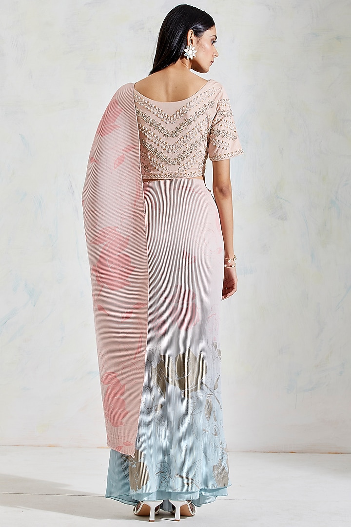 Aquatic Sage Shaded Rose Printed Pre-Stitched Wedding Saree Set by Kavita Bhartia at Pernia's Pop Up Shop