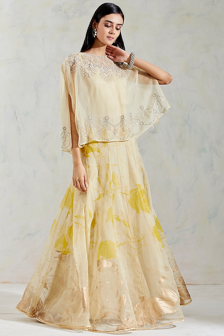 Yellow Rose Hand Block Printed Skirt Set by Kavita Bhartia
