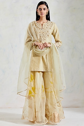 Yellow Rose Hand Block Printed Sharara Set by Kavita Bhartia
