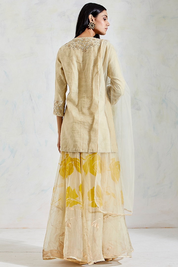 Yellow Rose Hand Block Printed Wedding Sharara Set by Kavita Bhartia at Pernia's Pop Up Shop