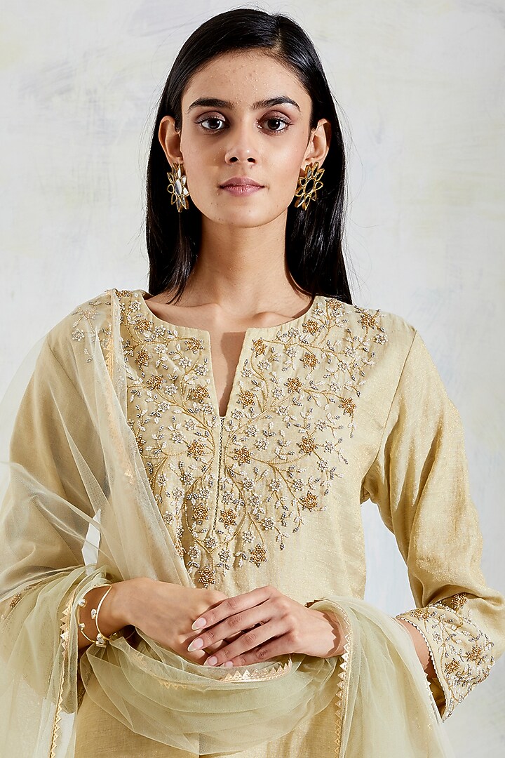 Yellow Rose Hand Block Printed Wedding Sharara Set by Kavita Bhartia at Pernia's Pop Up Shop