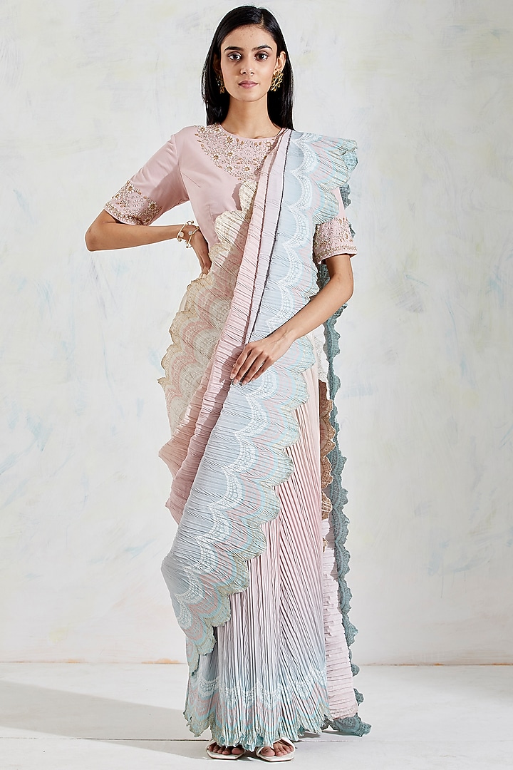 Pink & Aquatic Shaded Crinkle Georgette Pre-Stitched Wedding Saree Set by Kavita Bhartia at Pernia's Pop Up Shop