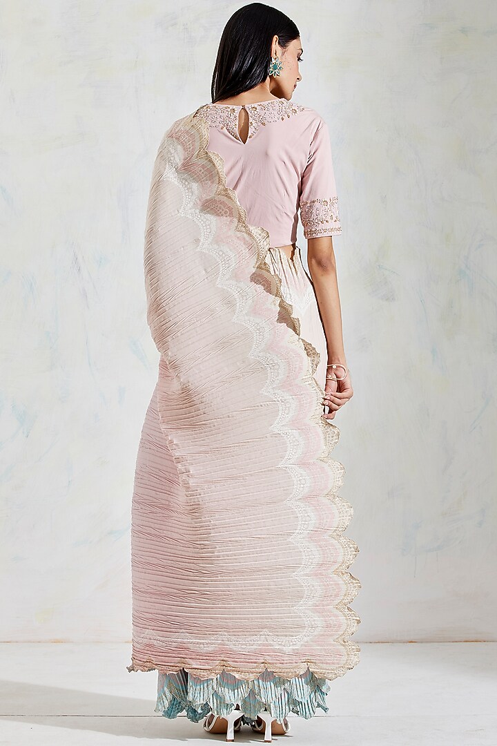 Pink & Aquatic Shaded Crinkle Georgette Pre-Stitched Wedding Saree Set by Kavita Bhartia at Pernia's Pop Up Shop