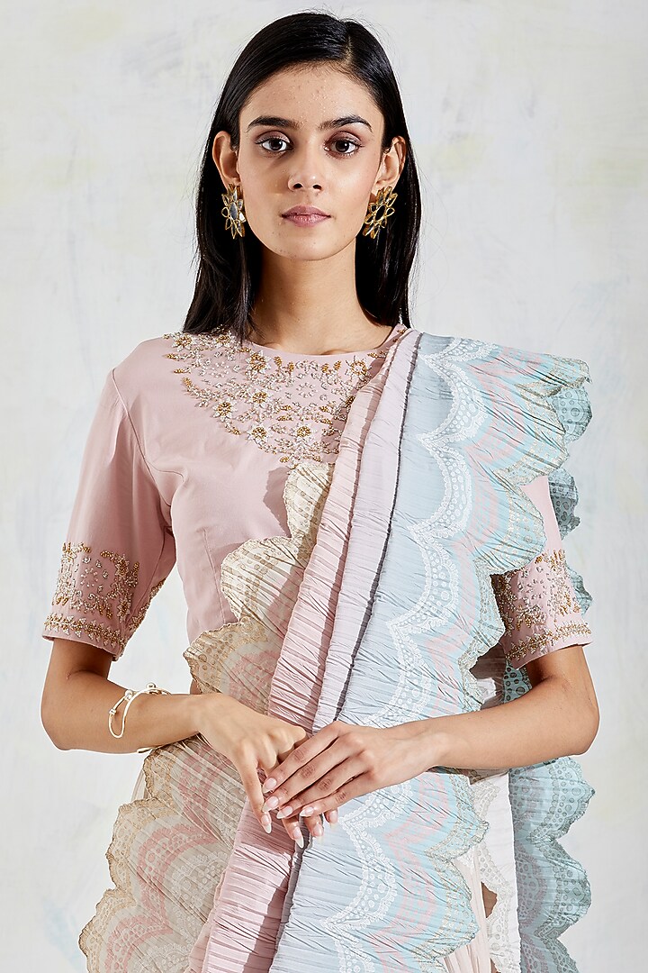 Pink & Aquatic Shaded Crinkle Georgette Pre-Stitched Wedding Saree Set by Kavita Bhartia at Pernia's Pop Up Shop