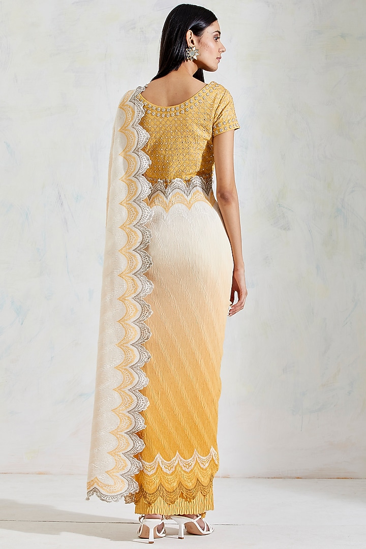 Yellow & Ivory Shaded Pre-Stitched Wedding Saree Set by Kavita Bhartia at Pernia's Pop Up Shop