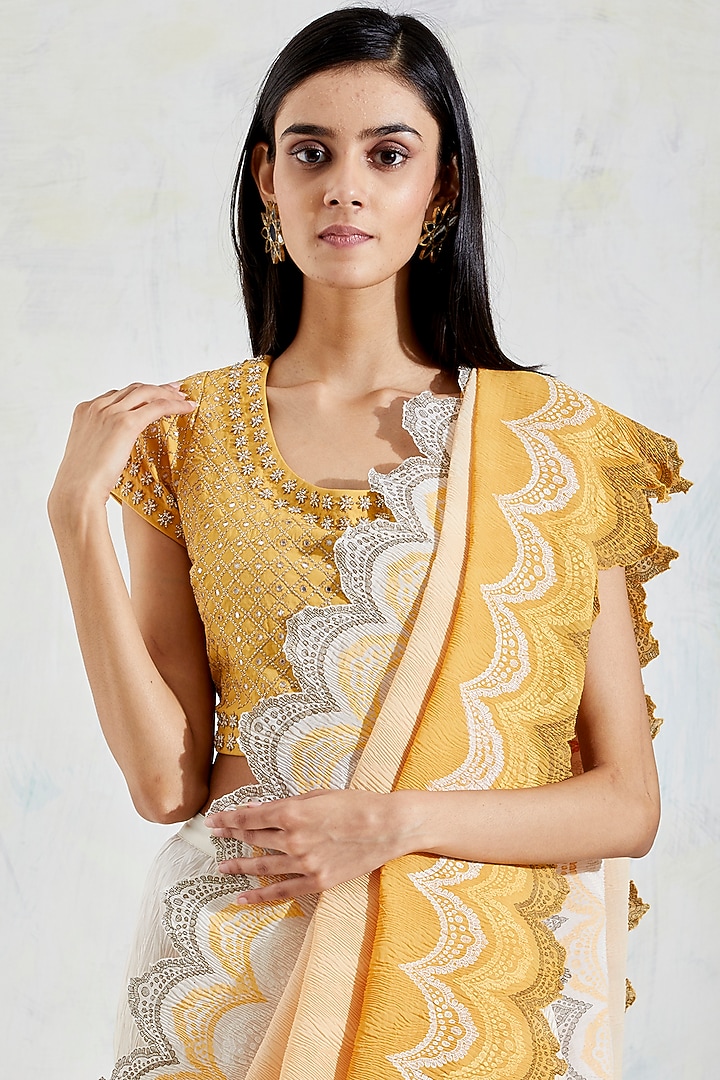Yellow & Ivory Shaded Pre-Stitched Wedding Saree Set by Kavita Bhartia at Pernia's Pop Up Shop