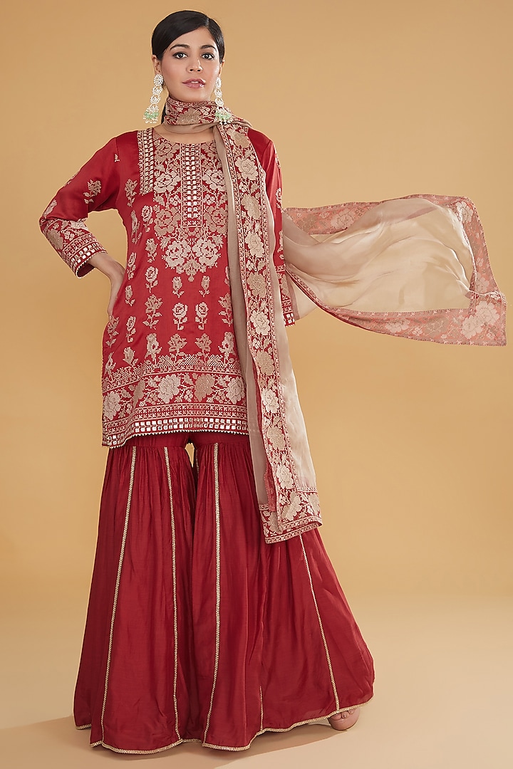 Red Modal Silk Sharara Set by Kavita Bhartia