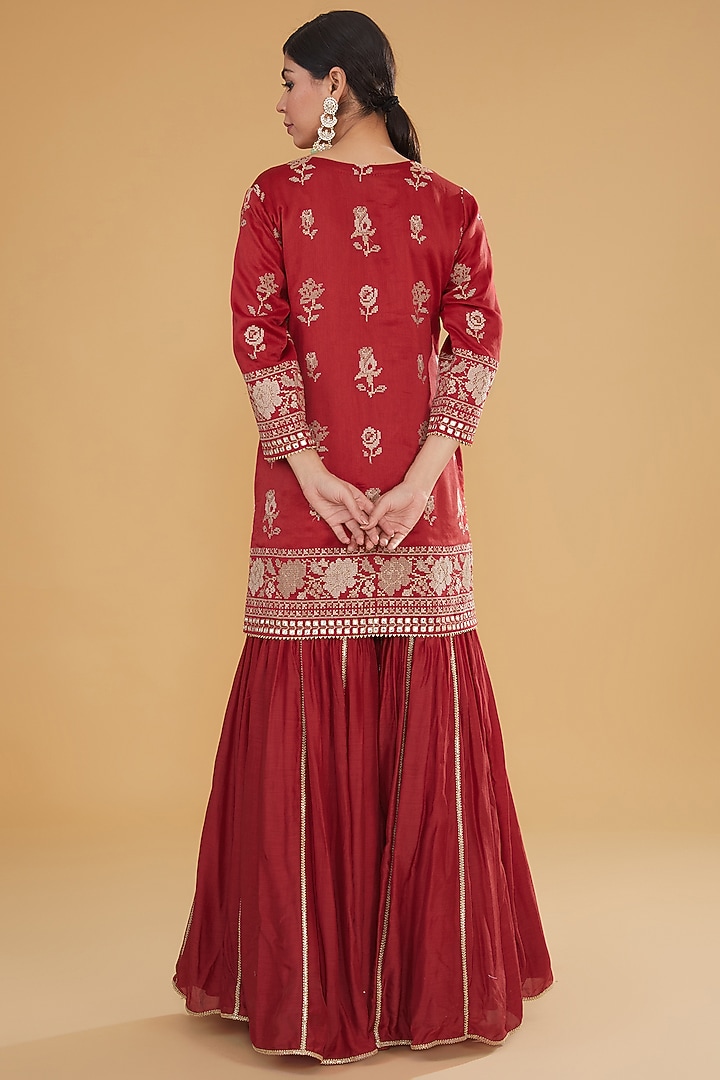 Red Modal Silk Wedding Sharara Set by Kavita Bhartia at Pernia's Pop Up Shop