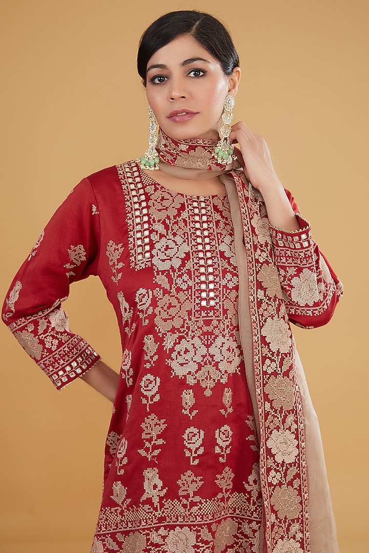 Red Modal Silk Wedding Sharara Set by Kavita Bhartia at Pernia's Pop Up Shop