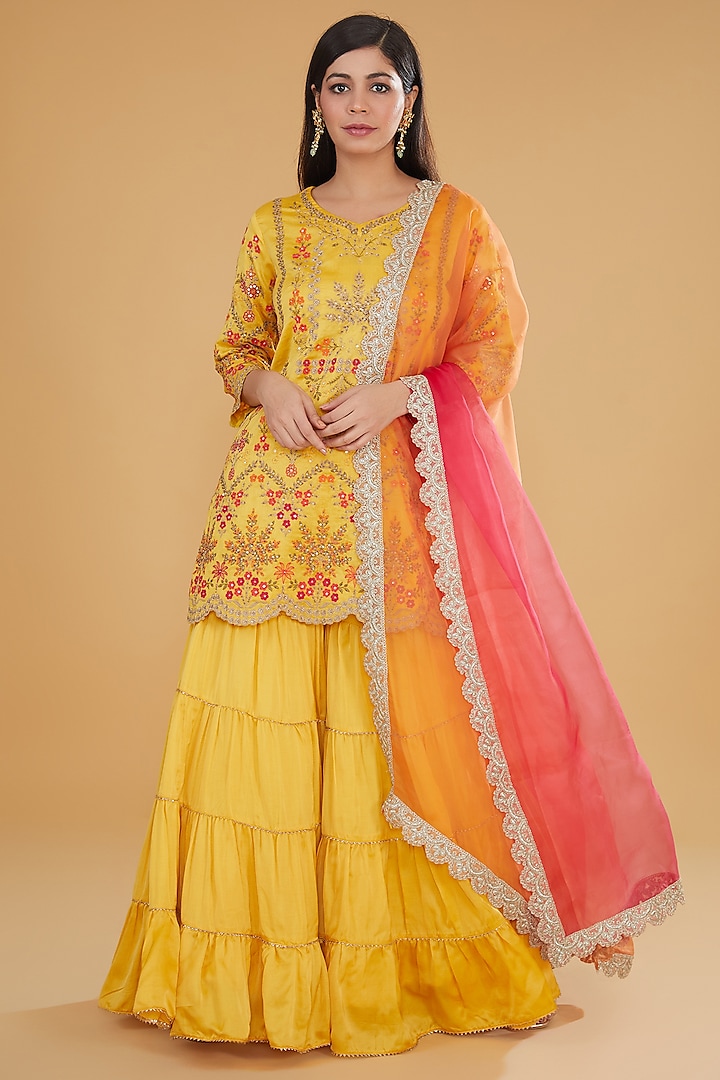 Yellow Modal Silk Tiered Sharara Set by Kavita Bhartia