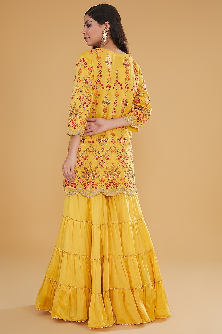 Yellow Modal Silk Tiered Wedding Sharara Set by Kavita Bhartia at Pernia's Pop Up Shop