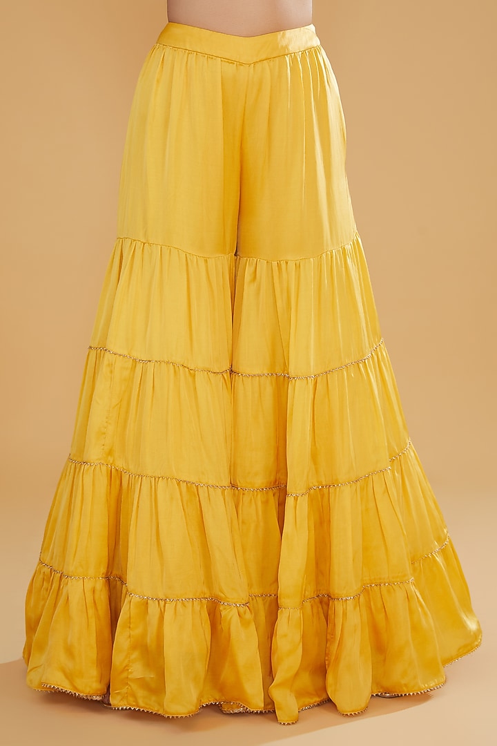 Yellow Modal Silk Tiered Wedding Sharara Set by Kavita Bhartia at Pernia's Pop Up Shop