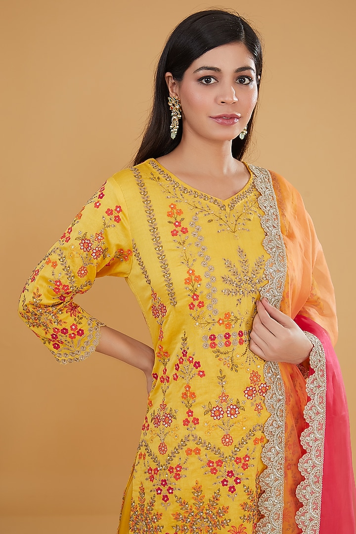 Yellow Modal Silk Tiered Wedding Sharara Set by Kavita Bhartia at Pernia's Pop Up Shop
