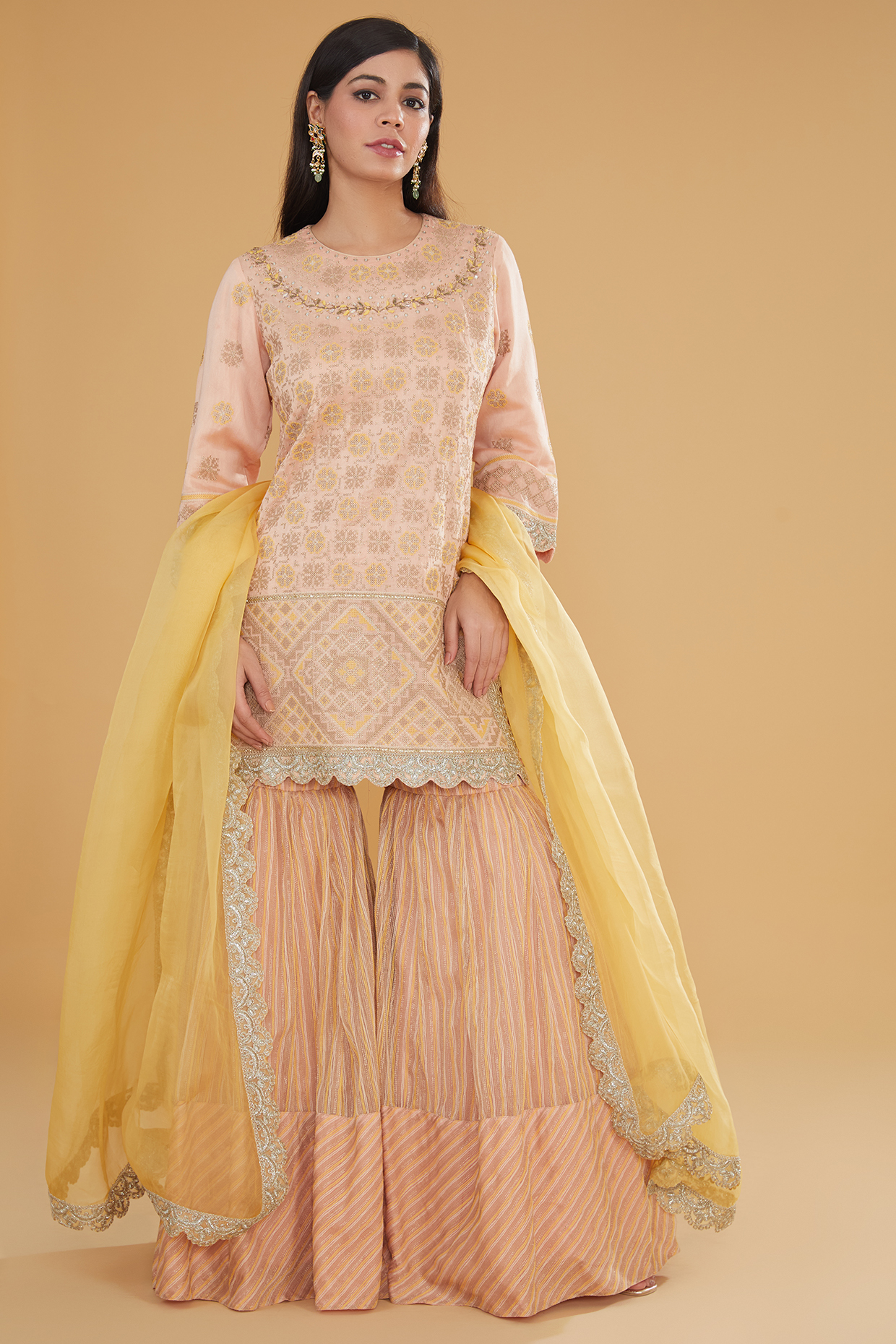 Peach-Pink Mesh Textured Wedding Sharara Set by Kavita Bhartia at Pernia's Pop Up Shop