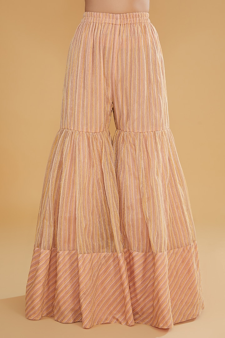 Peach-Pink Mesh Textured Wedding Sharara Set by Kavita Bhartia at Pernia's Pop Up Shop