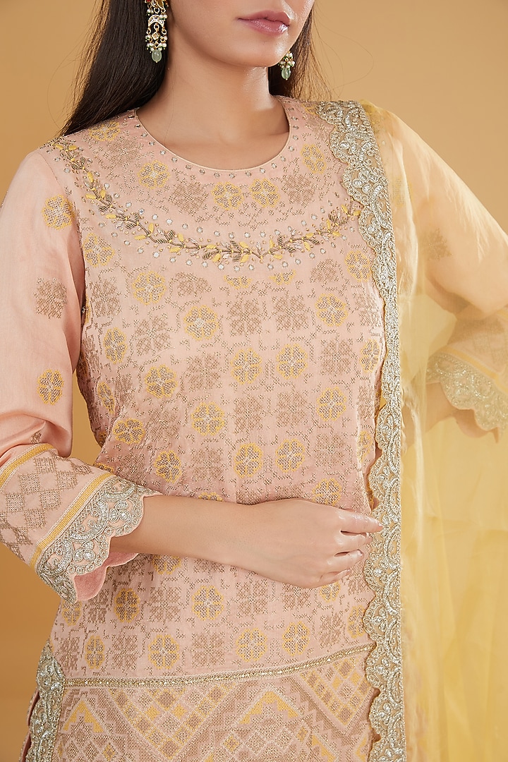 Peach-Pink Mesh Textured Wedding Sharara Set by Kavita Bhartia at Pernia's Pop Up Shop