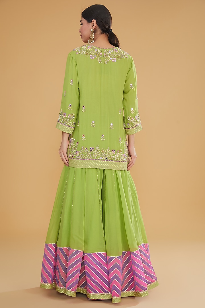 Lime Green Georgette Chevron Printed Wedding Sharara Set by Kavita Bhartia at Pernia's Pop Up Shop