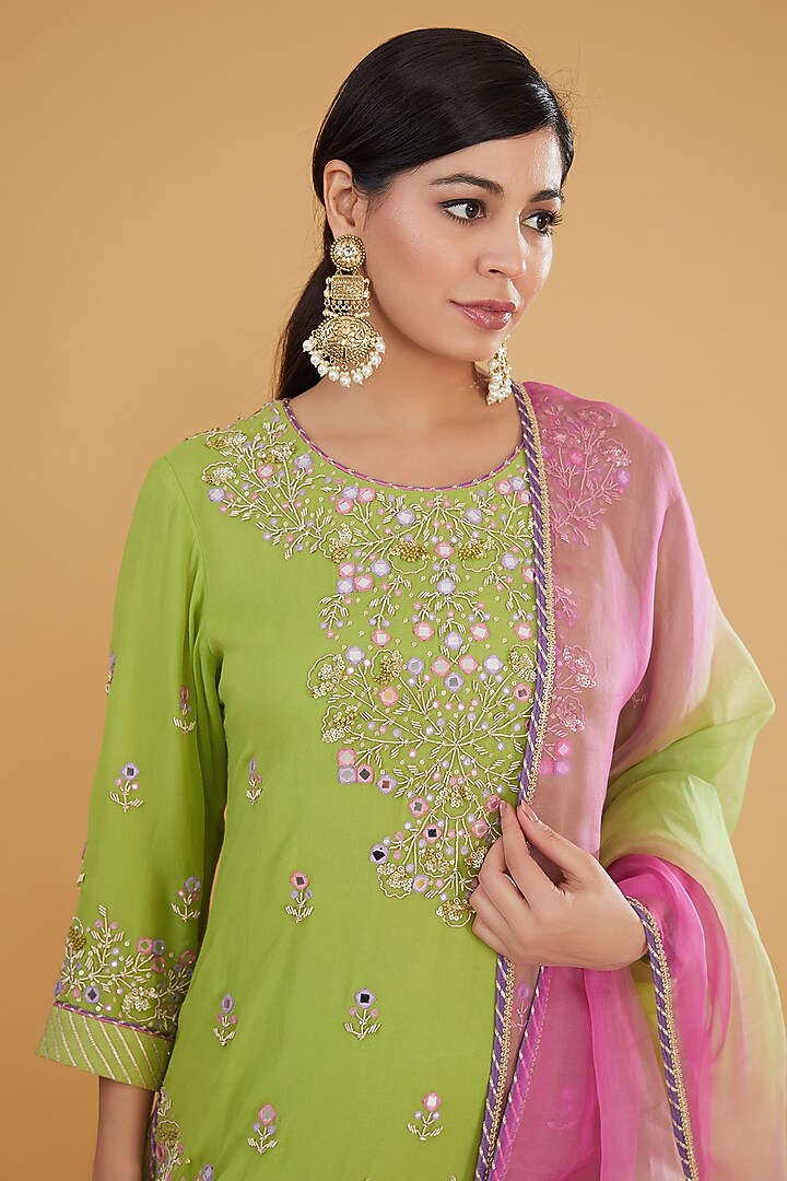 Lime Green Georgette Chevron Printed Wedding Sharara Set by Kavita Bhartia at Pernia's Pop Up Shop