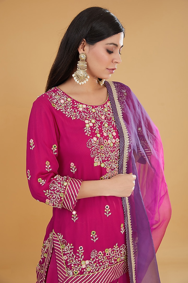 Fuchsia Georgette Chevron Printed Wedding Sharara Set by Kavita Bhartia at Pernia's Pop Up Shop